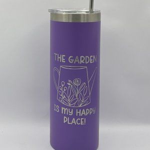 The garden is my happy place engraved purple 20 ounce skinny tumbler, gardening